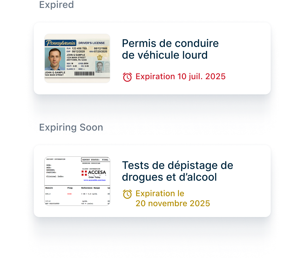Avec l'expiration du permis véhicule lourd en juillet 2025 et certificat de dépistage de drogues en novembre 2025.