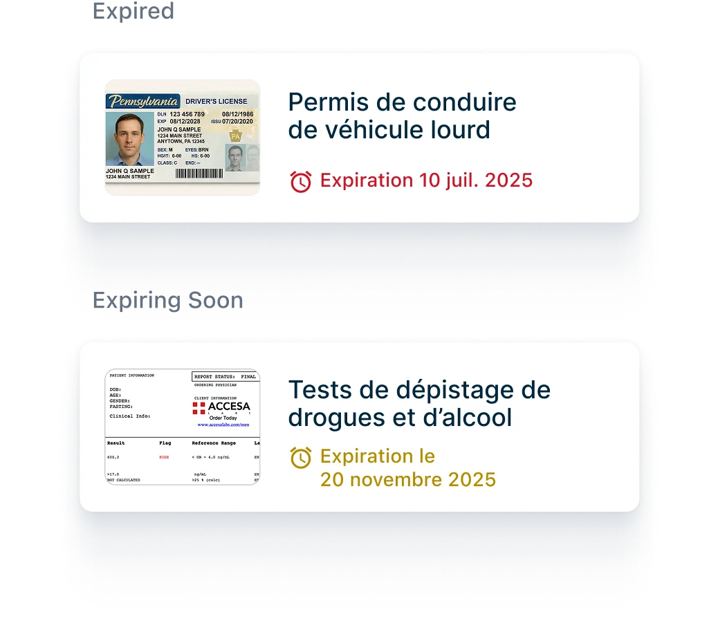 Avec l'expiration du permis véhicule lourd en juillet 2025 et certificat de dépistage de drogues en novembre 2025.