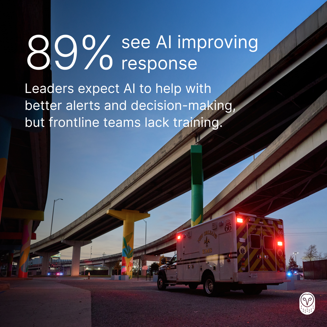 Ambulance with flashing lights under highway overpass with statistic "89% see AI improving response" for emergency services.