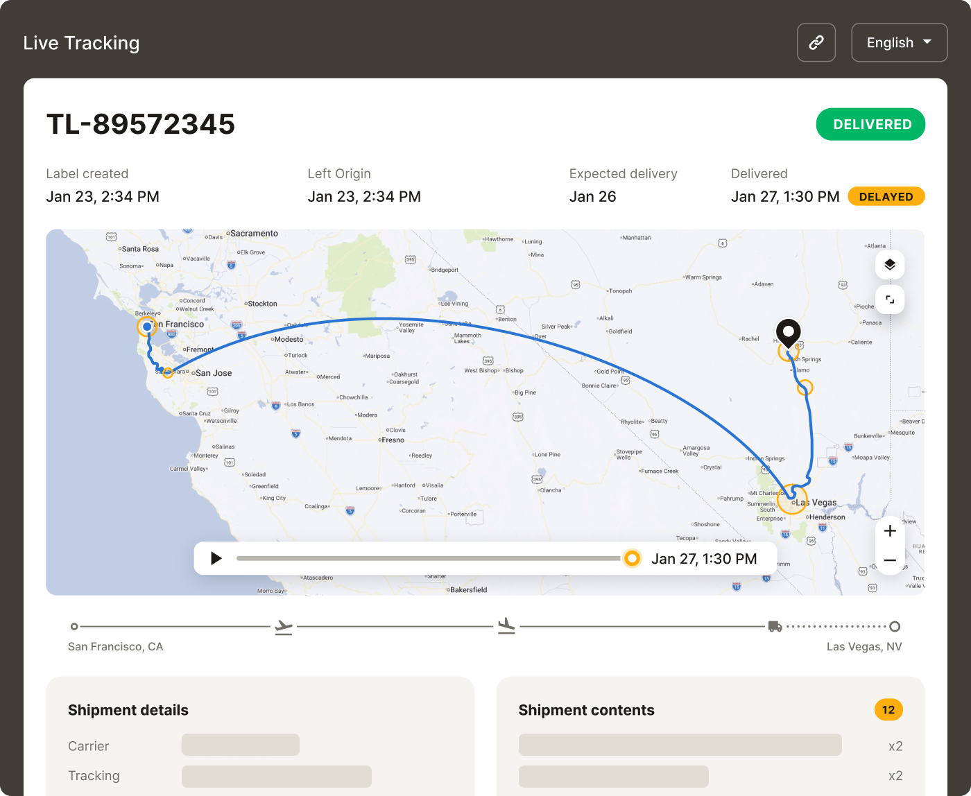 Live tracking dashboard showing shipment TL-89572345 delivered from San Francisco, CA to Las Vegas, NV, marked delayed.