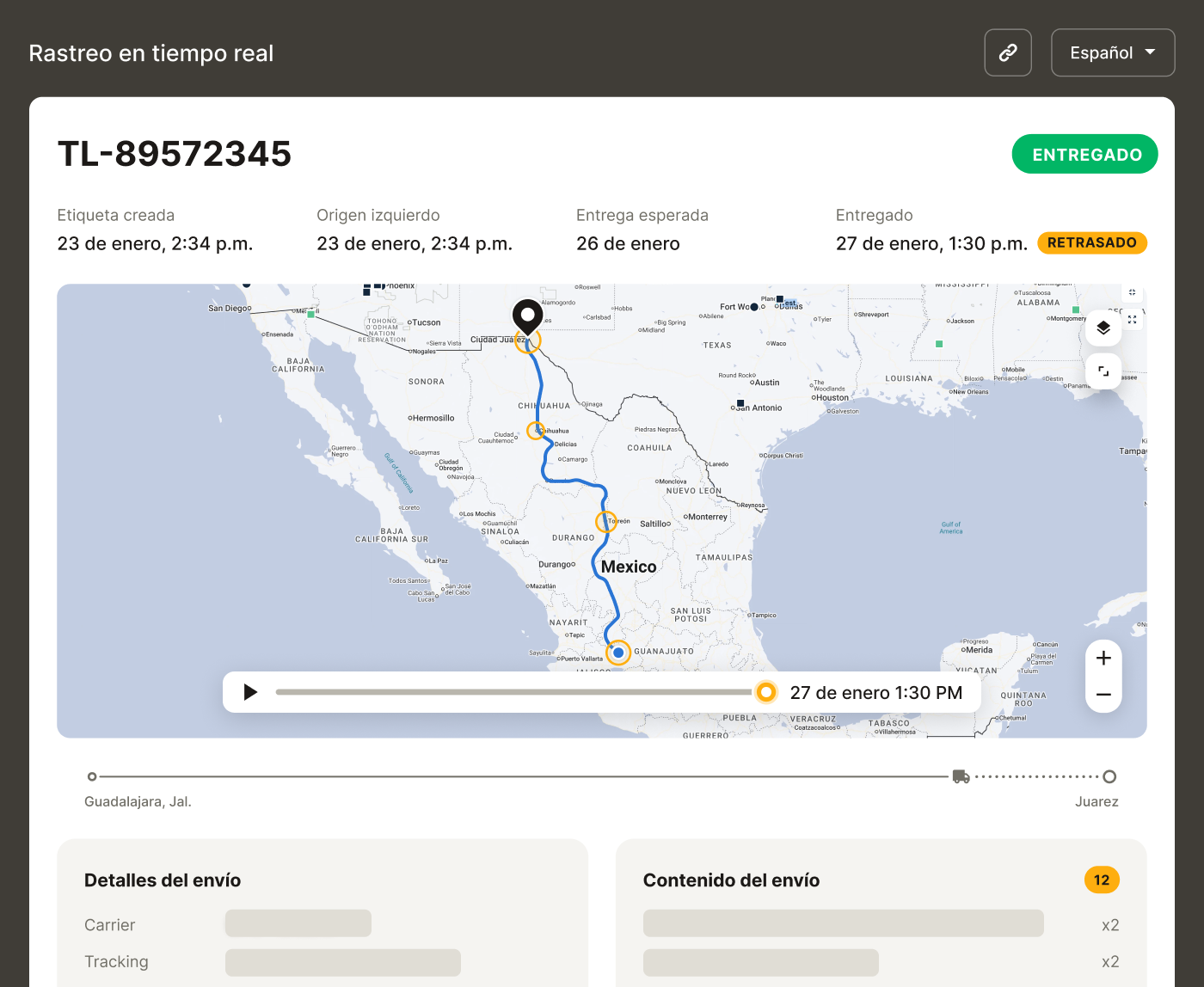 Live tracking dashboard showing shipment TL-89572345 delivered from San Francisco, CA to Las Vegas, NV, marked delayed.