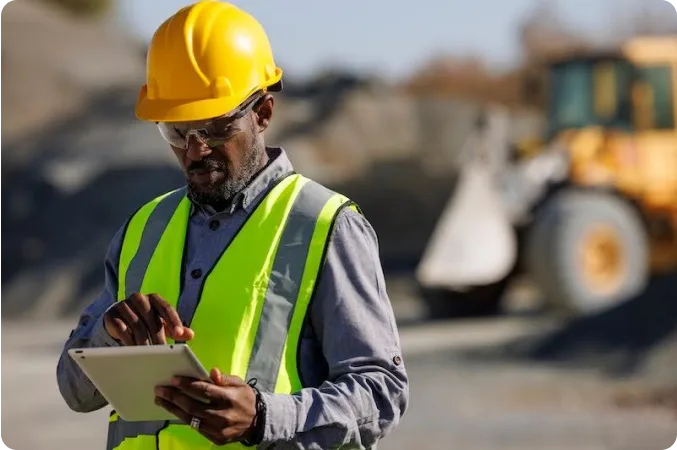 man in hard hat and PPE working on tablet