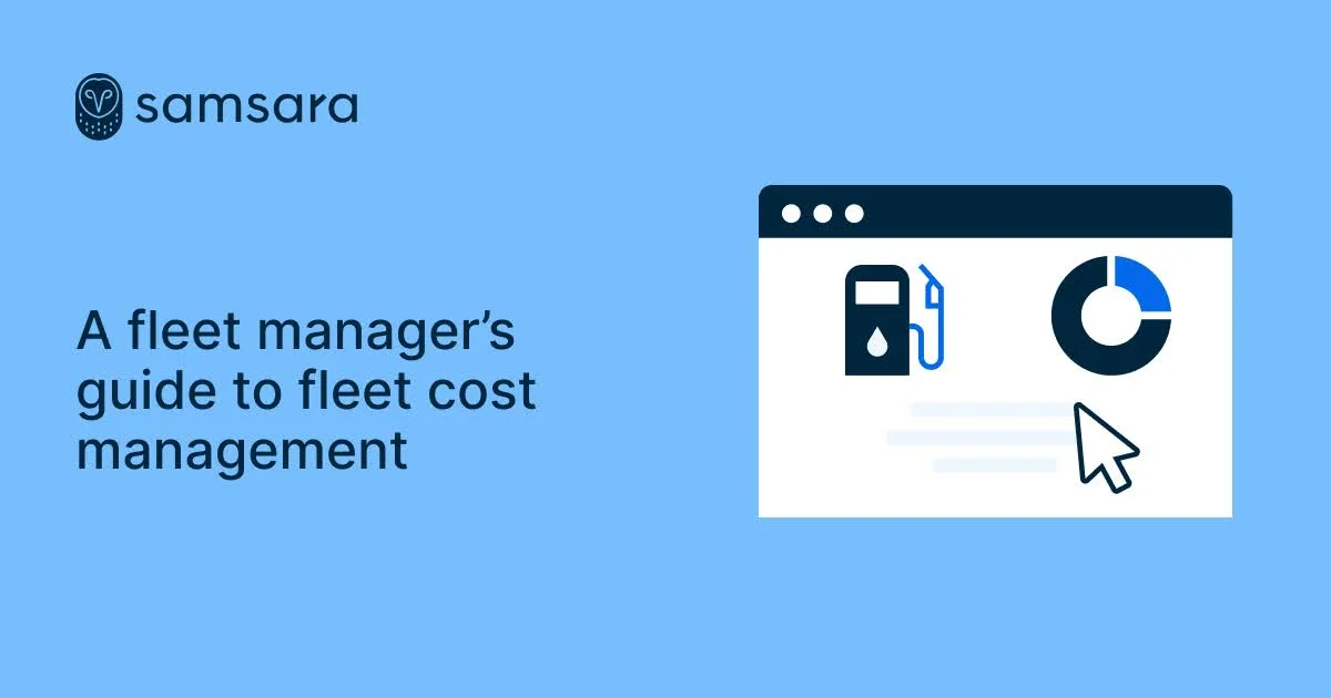Samsara fleet cost management guide with fuel pump and pie chart icons on light blue background