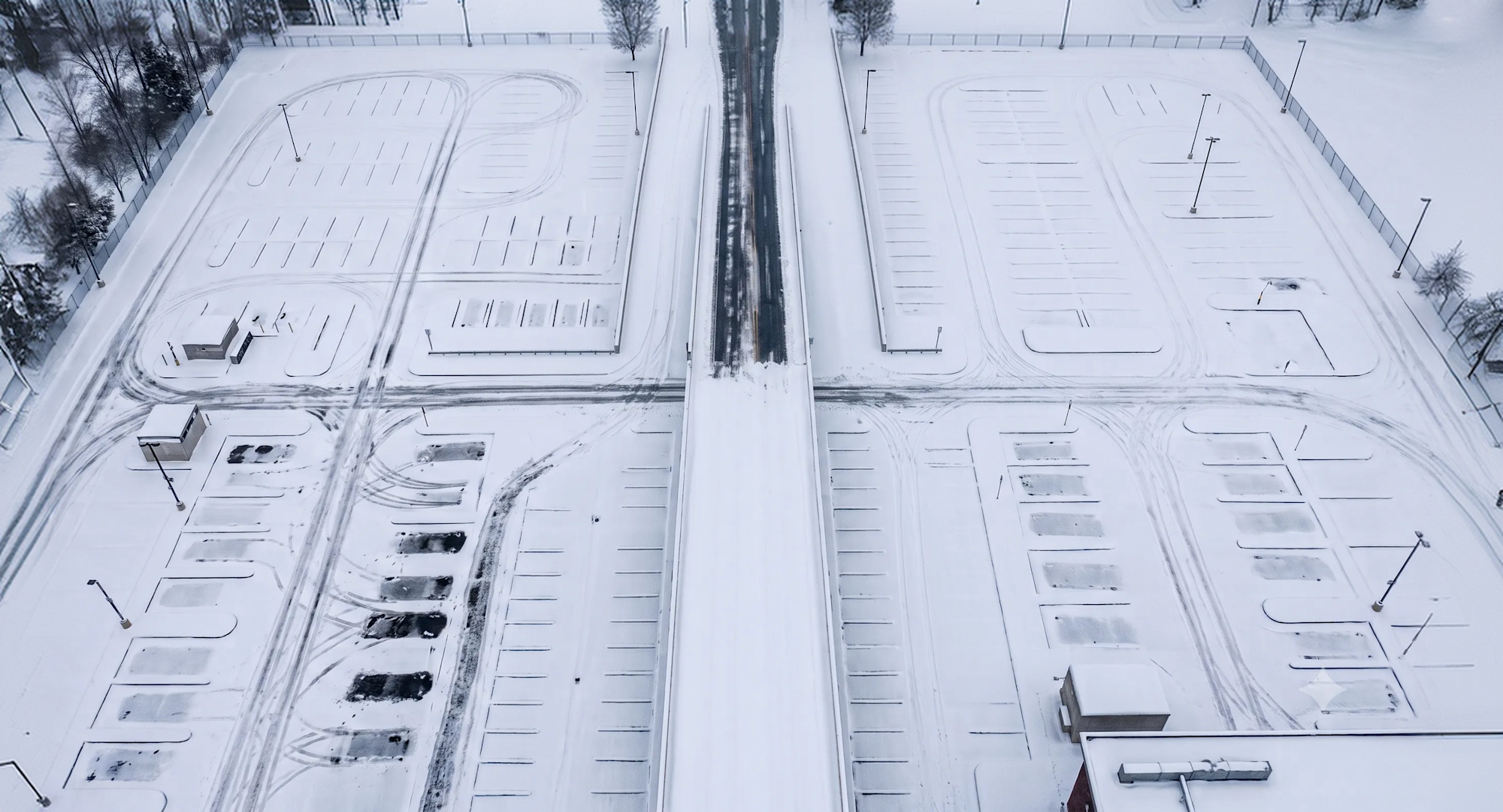 Snow-covered public works facility viewed from above
