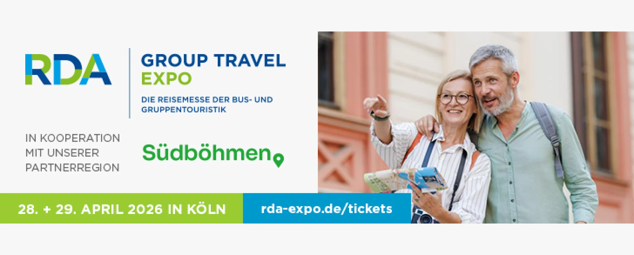 Werbebanner für RDA Group Travel Expo 2026 in Köln mit Südböhmen als Partnerregion und einem Paar auf Städtereise.