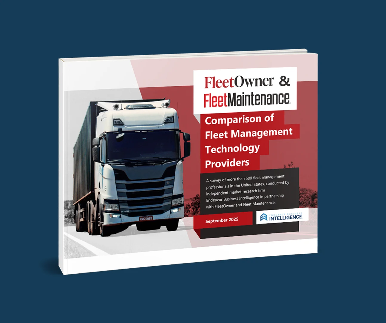 Book cover showing a semi-truck and "Comparison of Fleet Management Technology Providers" report dated September 2025.
