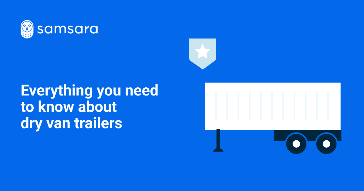 Samsara logo and illustration of a dry van trailer on bright blue background with informational heading about trailers.