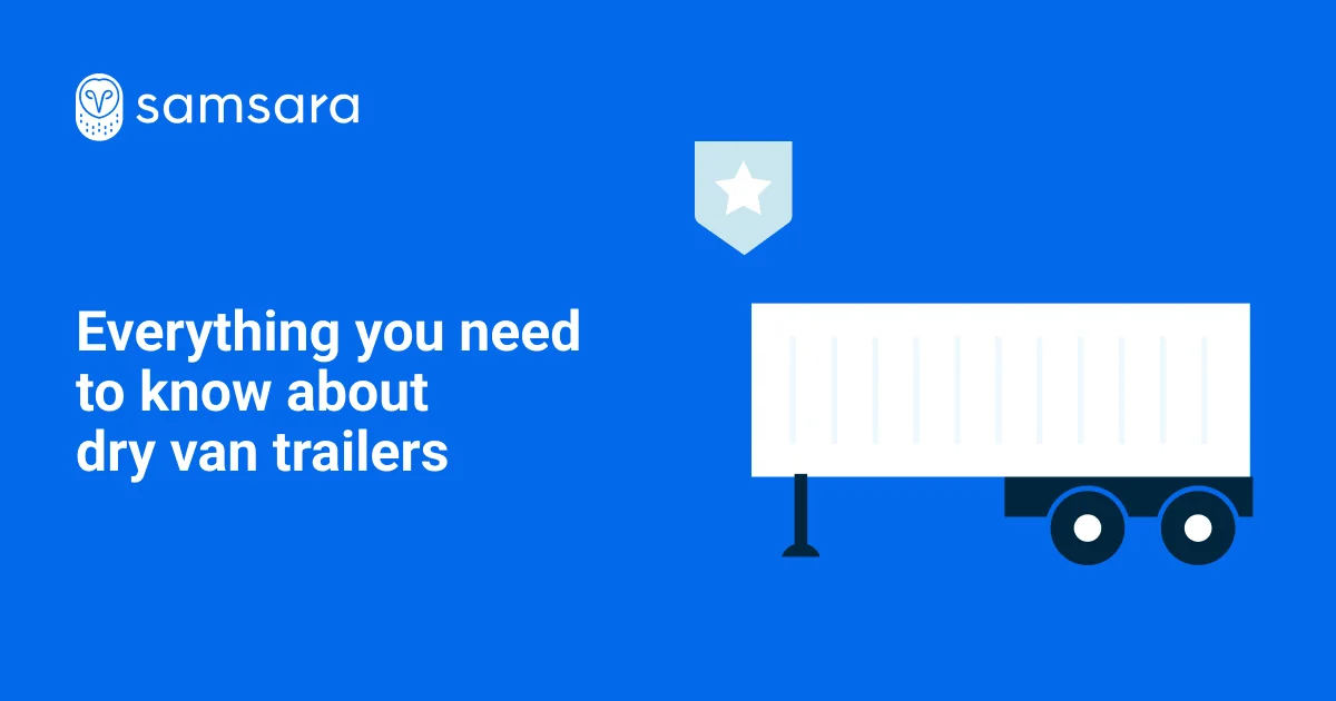 Samsara logo and illustration of a dry van trailer on bright blue background with informational heading about trailers.