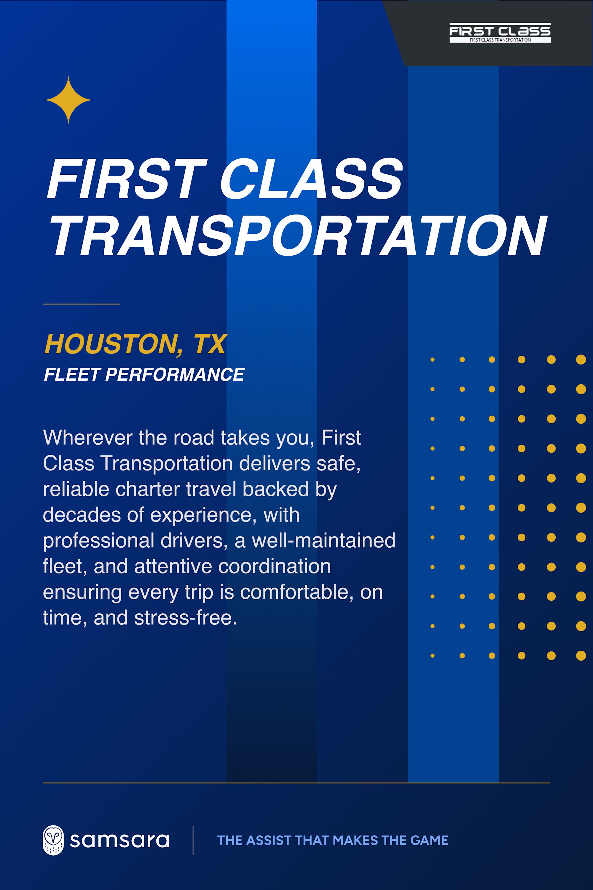 Graphic for First Class Transportation in Houston, TX, highlighting fleet performance and safe charter travel.