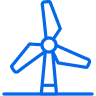 Blue outline of a wind turbine with three blades on a horizontal base line