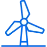 Blue outline of a wind turbine with three blades on a horizontal base line