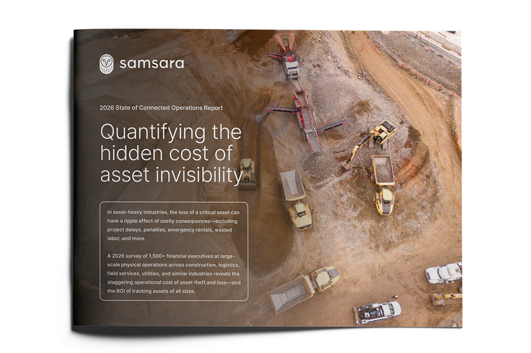 Aerial view of construction site with heavy equipment on a Samsara report cover about asset invisibility costs.