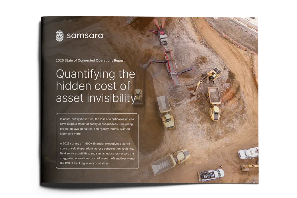 Aerial view of construction site with heavy equipment on a Samsara report cover about asset invisibility costs.