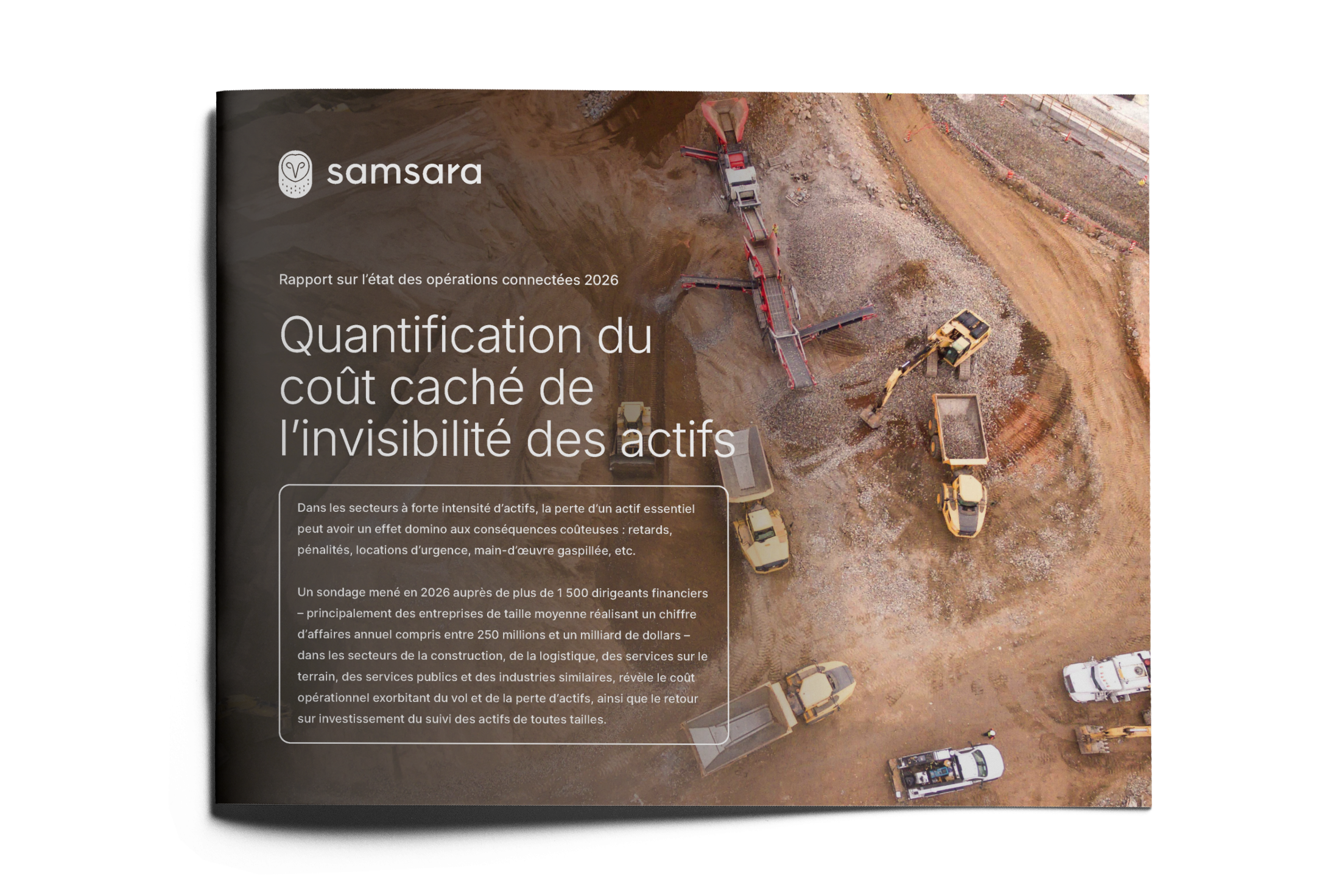 Aerial view of construction site with heavy equipment on a Samsara report cover about asset invisibility costs.