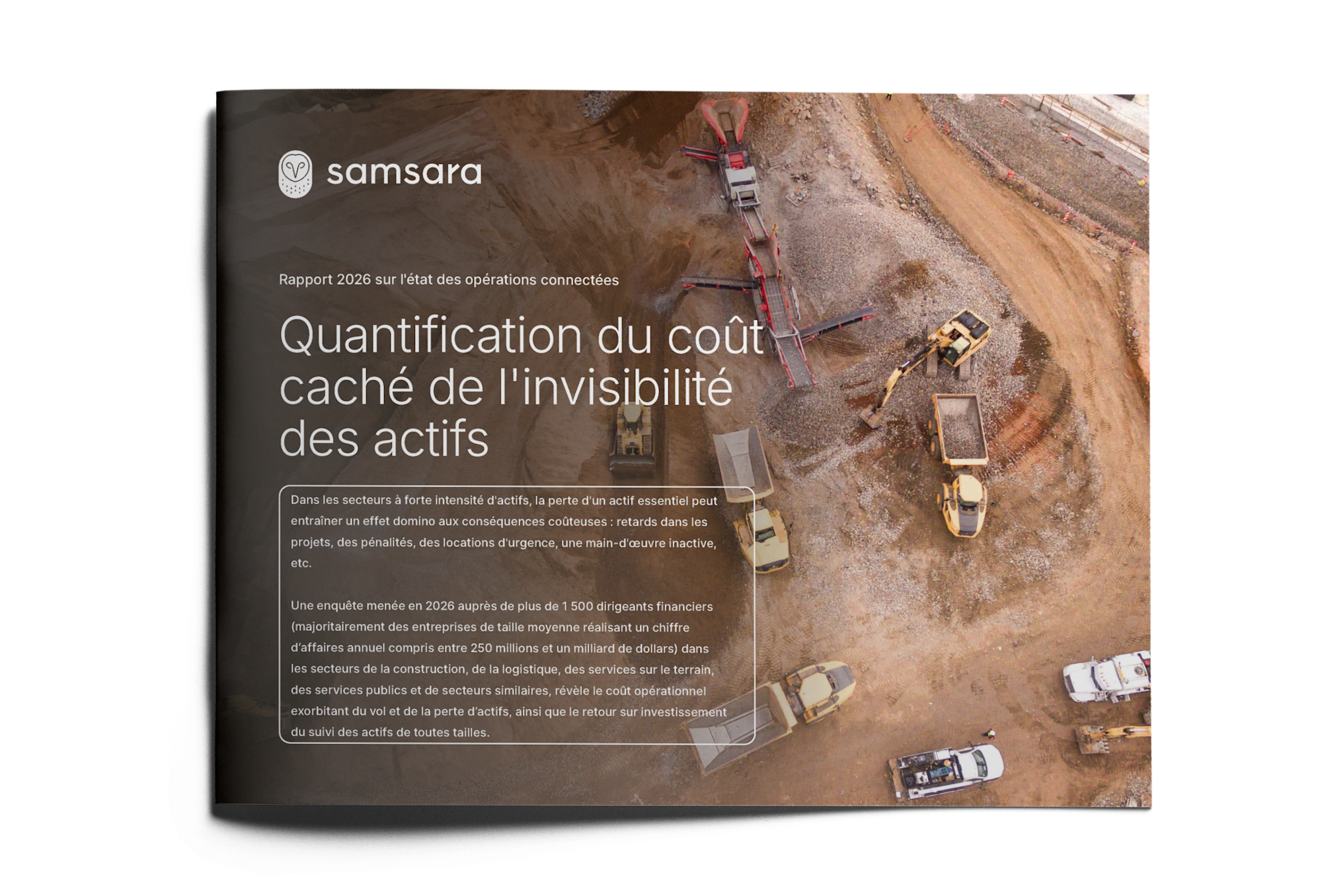 Aerial view of construction site with heavy equipment on a Samsara report cover about asset invisibility costs.