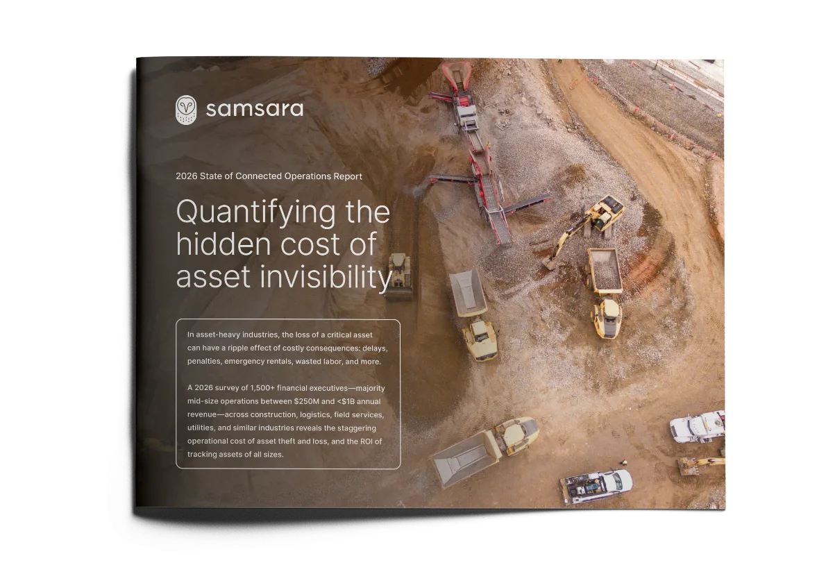 Aerial view of construction site with heavy equipment on a Samsara report cover about asset invisibility costs.