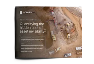 Aerial view of construction site with heavy equipment on a Samsara report cover about asset invisibility costs.