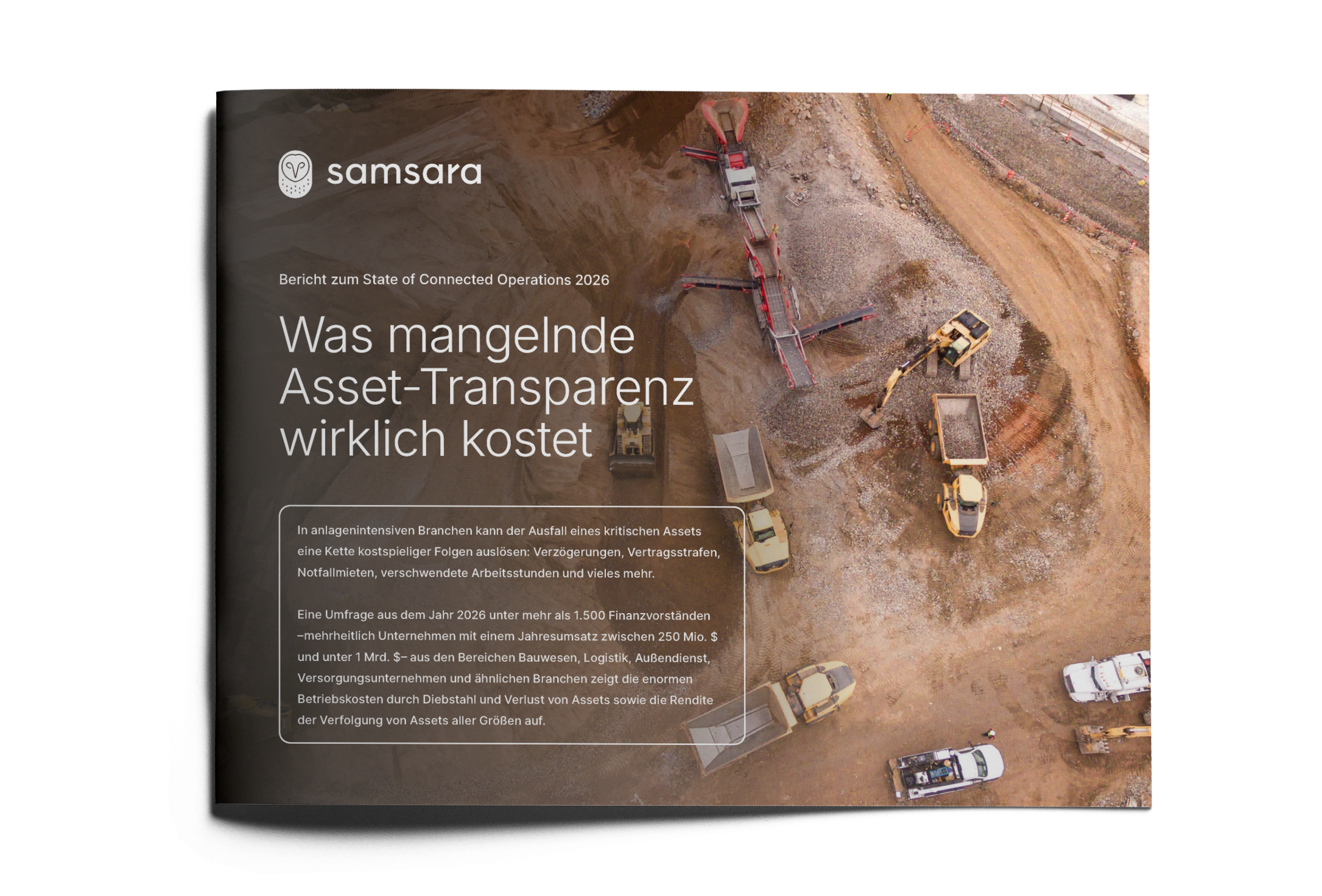 Aerial view of construction site with heavy equipment on a Samsara report cover about asset invisibility costs.