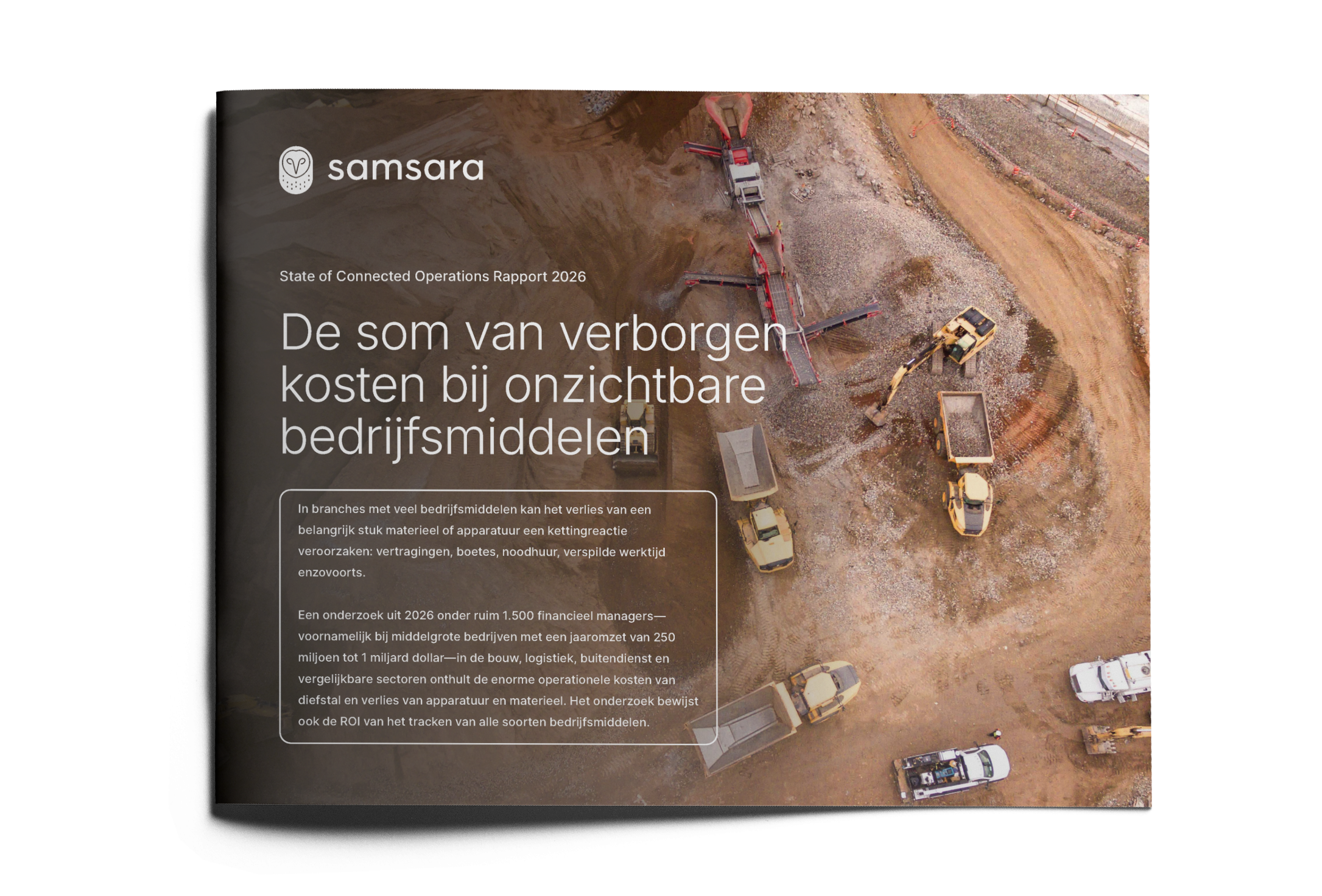 Aerial view of construction site with heavy equipment on a Samsara report cover about asset invisibility costs.