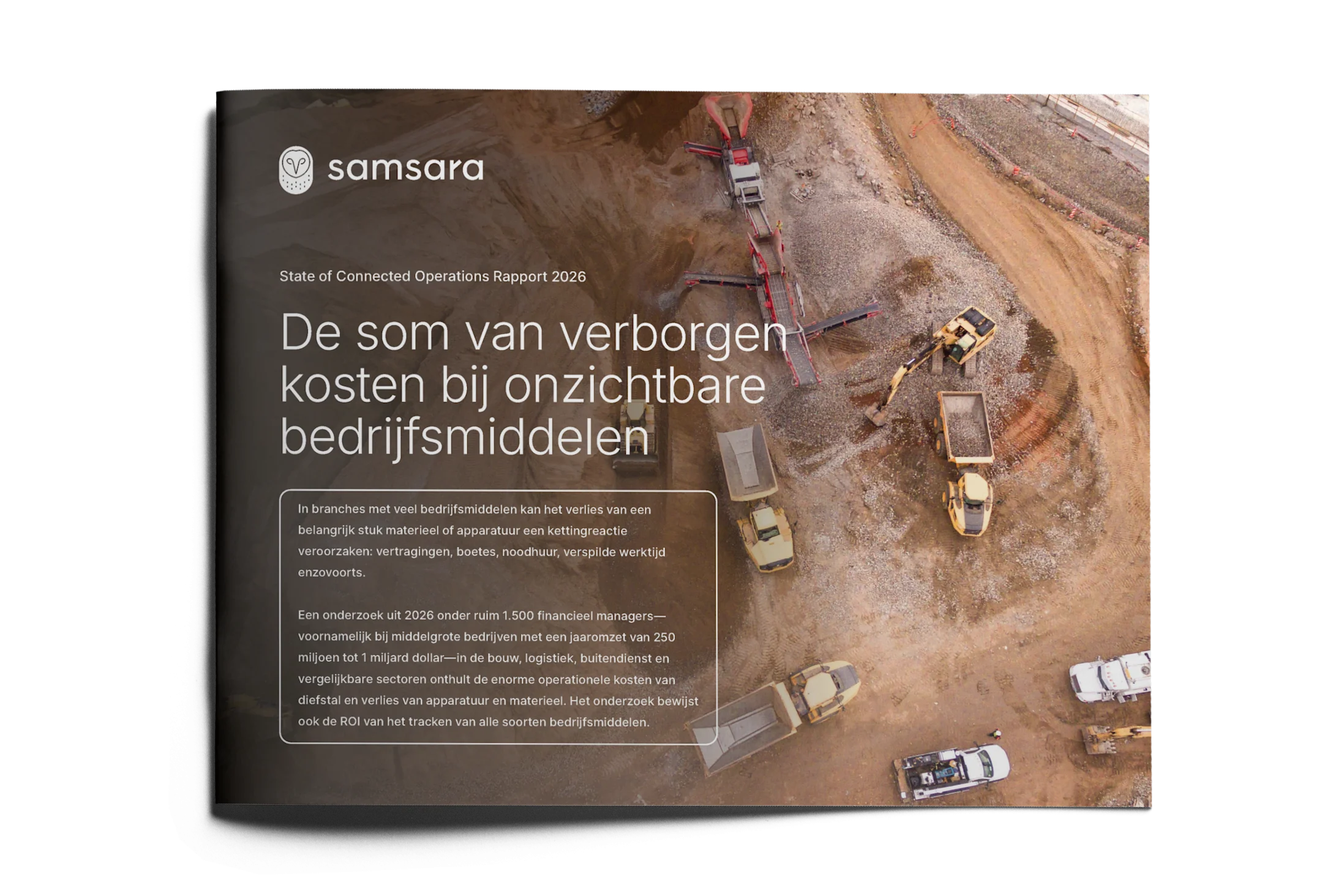 Aerial view of construction site with heavy equipment on a Samsara report cover about asset invisibility costs.