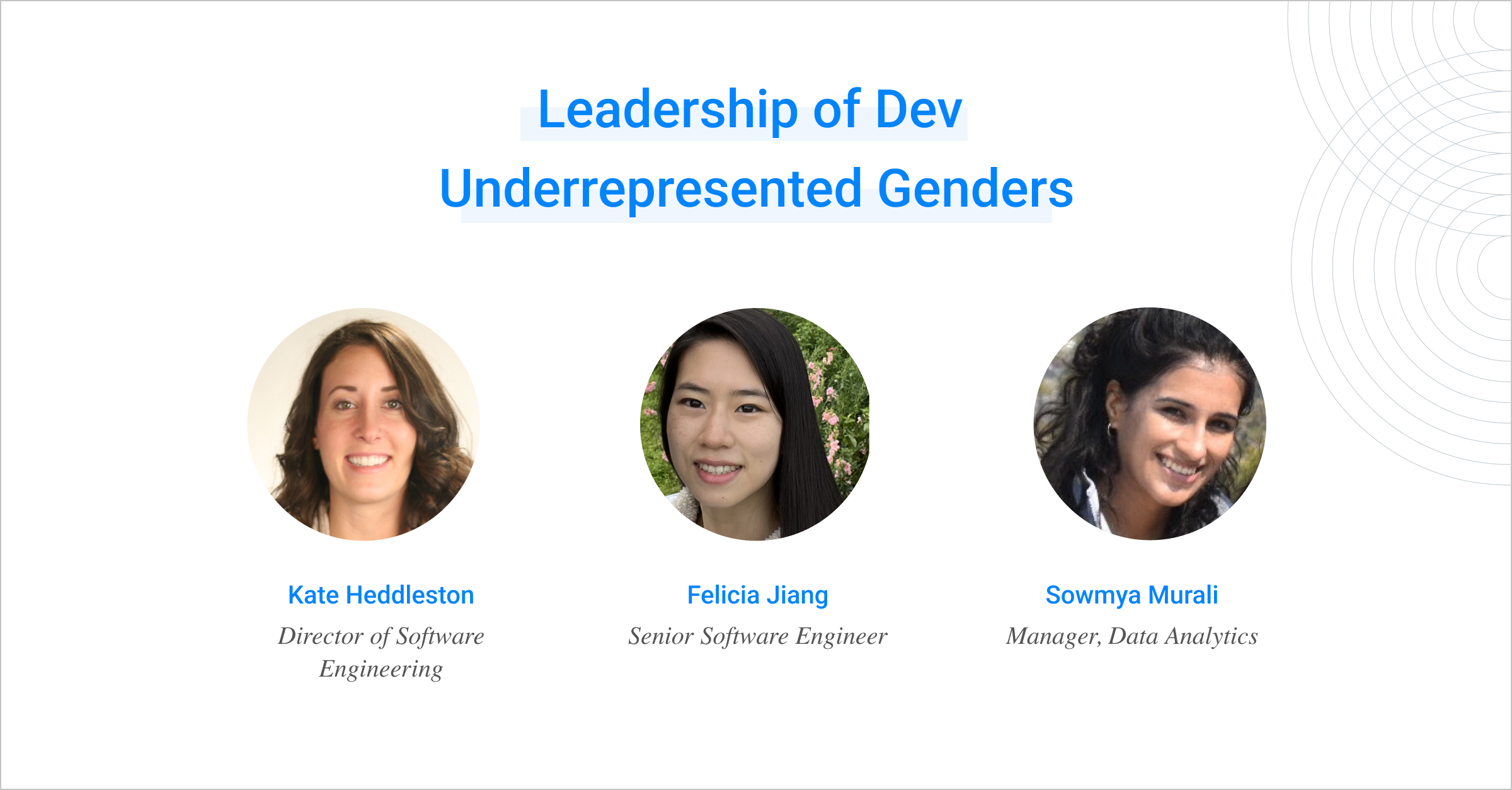 Headshots of the leaders of Underrepresented Genders in Dev group: Kate Heddleston, Felicia Jiang, Sowmya Murali