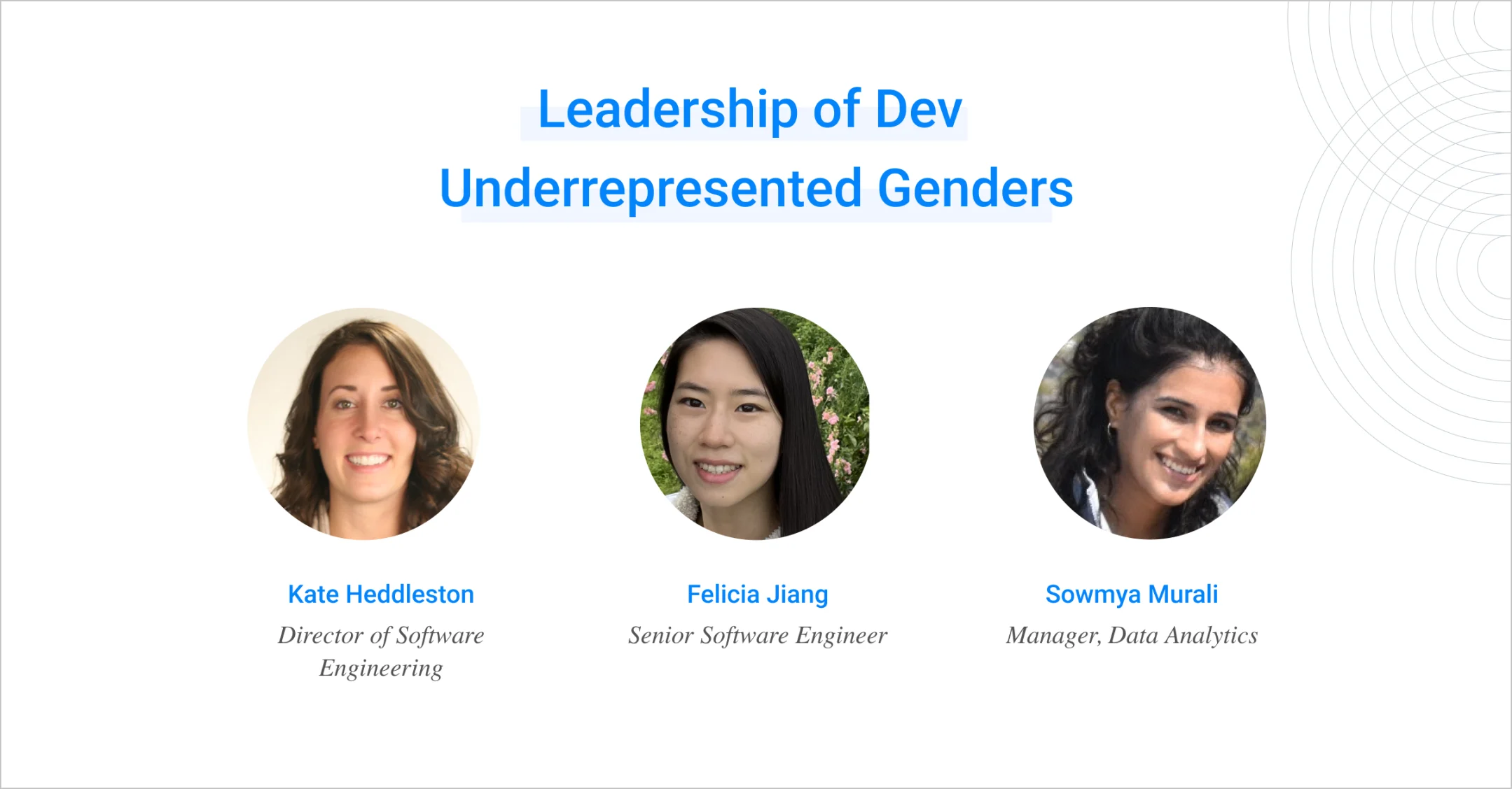 Headshots of the leaders of Underrepresented Genders in Dev group: Kate Heddleston, Felicia Jiang, Sowmya Murali