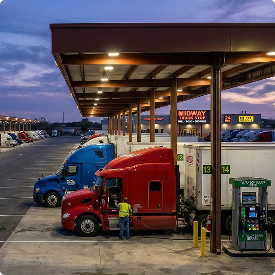 Truck stop at dusk with red and blue semi-trucks at fuel pumps under a covered station with Midway sign visible.