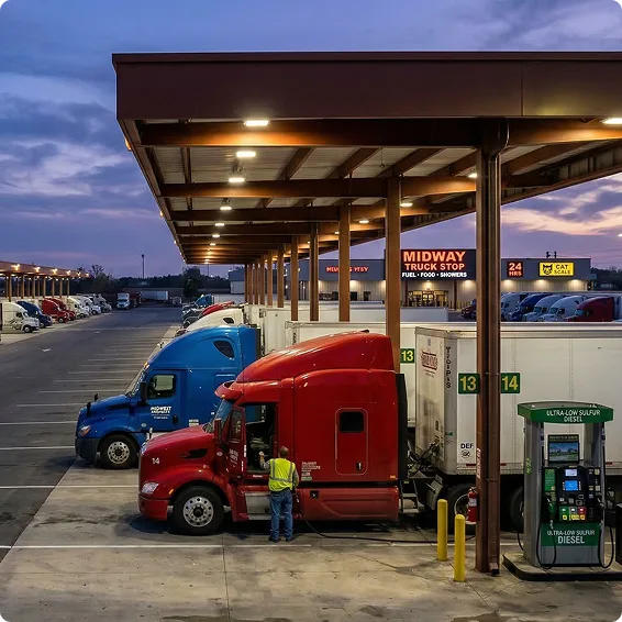 Truck stop at dusk with red and blue semi-trucks at fuel pumps under a covered station with Midway sign visible.