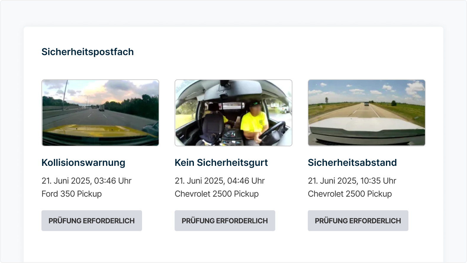 Sicherheitspostfach-Schnittstelle zeigt 3 Benachrichtigungen: Kollisionswarnung, kein Haltegurt