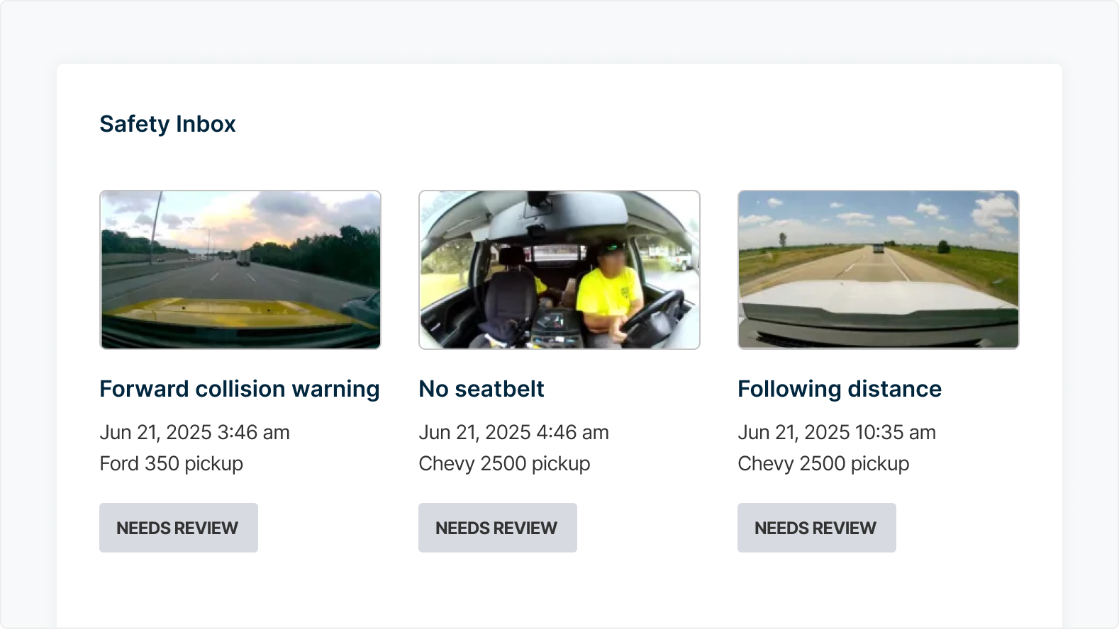 Safety Inbox interface showing three driving alerts: forward collision warning, no seatbelt and following distance violations