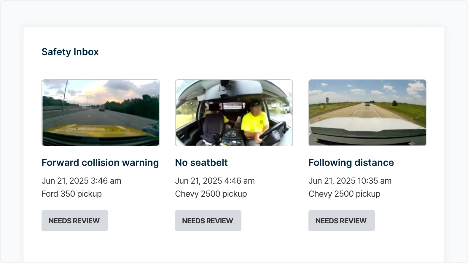 Safety Inbox interface showing three driving alerts: forward collision warning, no seatbelt and following distance violations