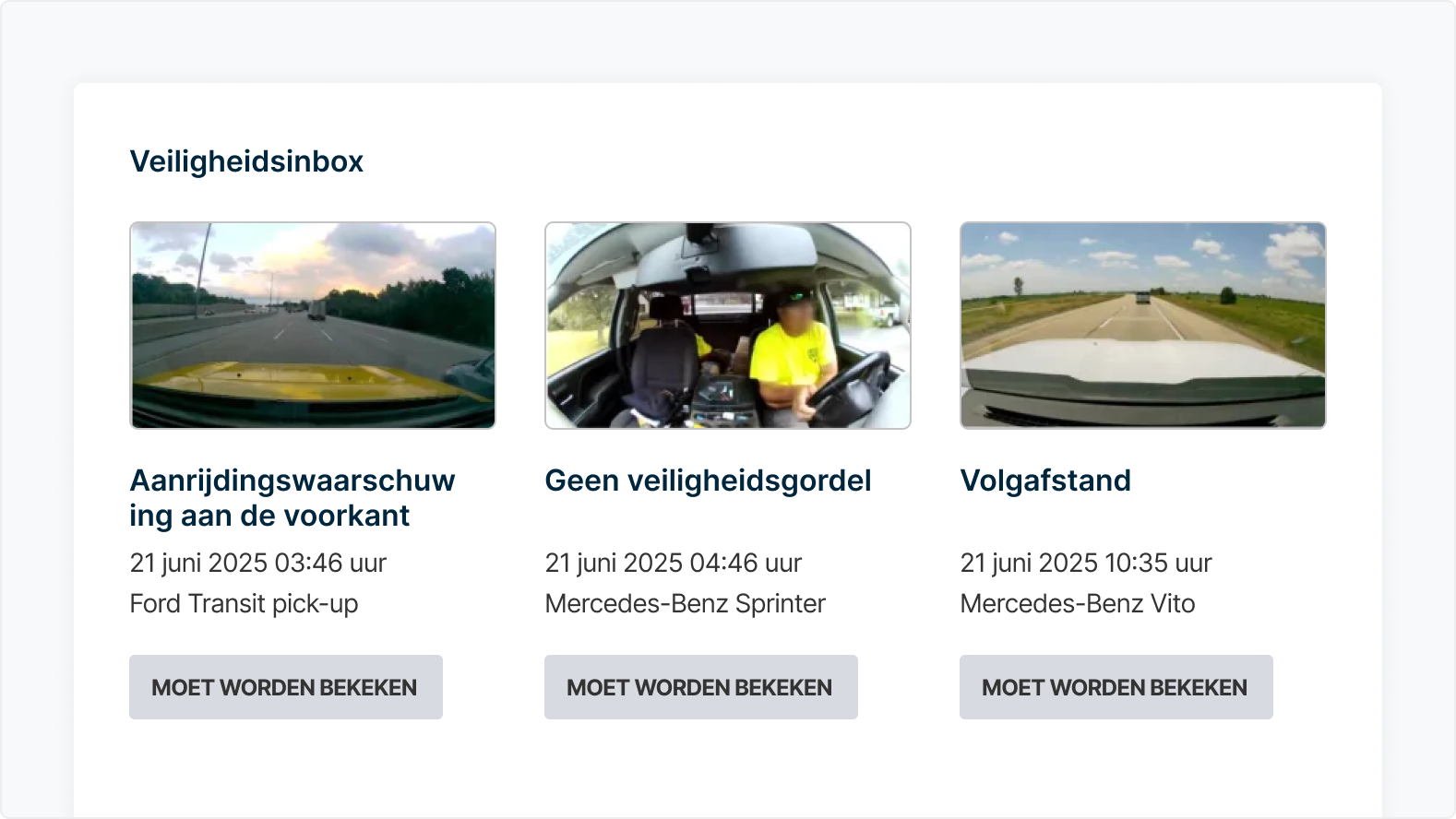 Veiligheidsinbox-scherm met drie waarschuwingen: voor aanrijding, geen veiligheidsgordel en overtredingen van de volgafstand.