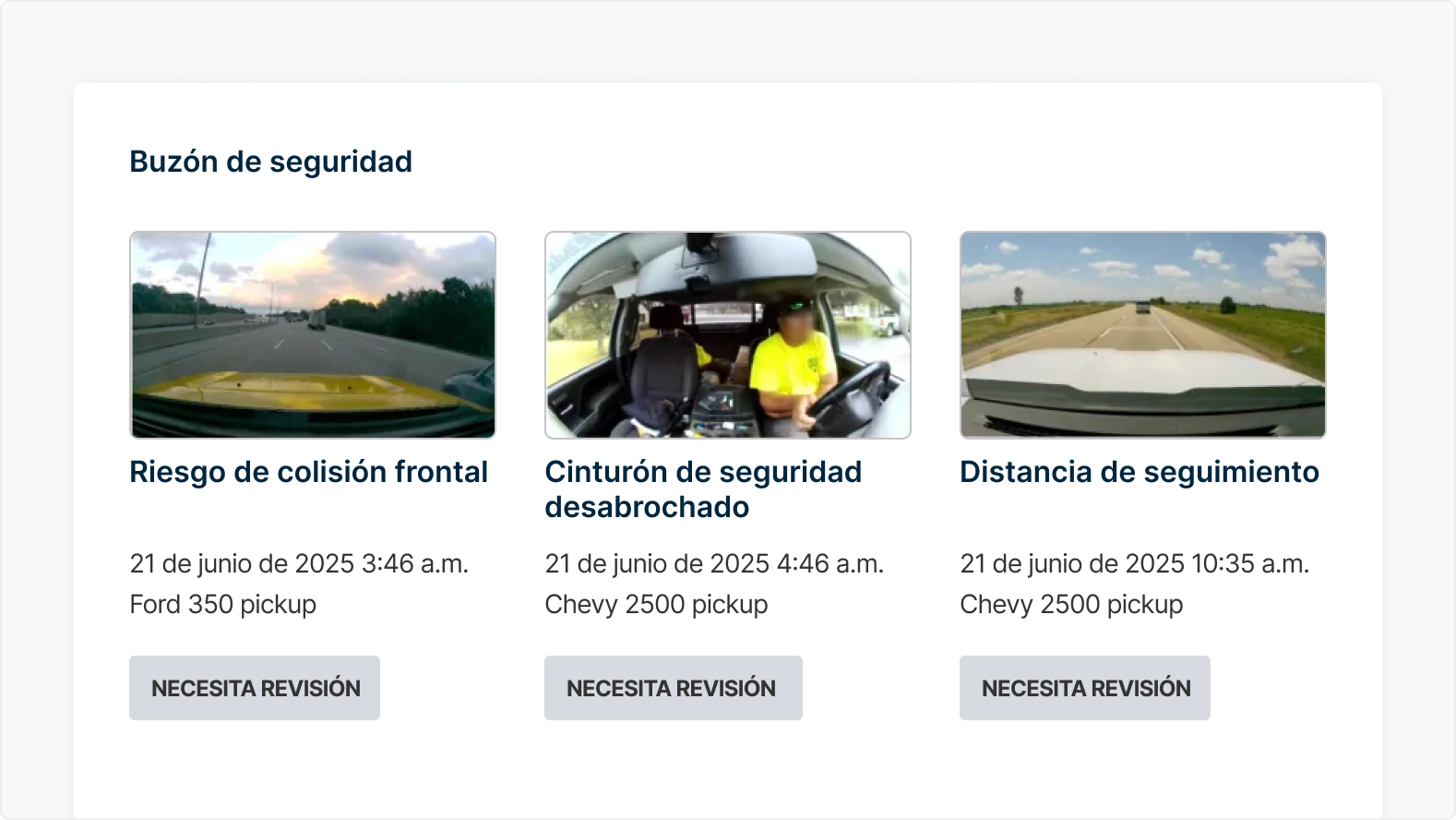 Buzón con alertas: riesgo de colisión frontal, cinturón de seguridad desabrochado e infracciones de distancia de seguimiento