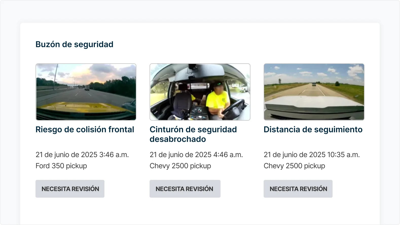 Buzón con alertas: riesgo de colisión frontal, cinturón de seguridad desabrochado e infracciones de distancia de seguimiento