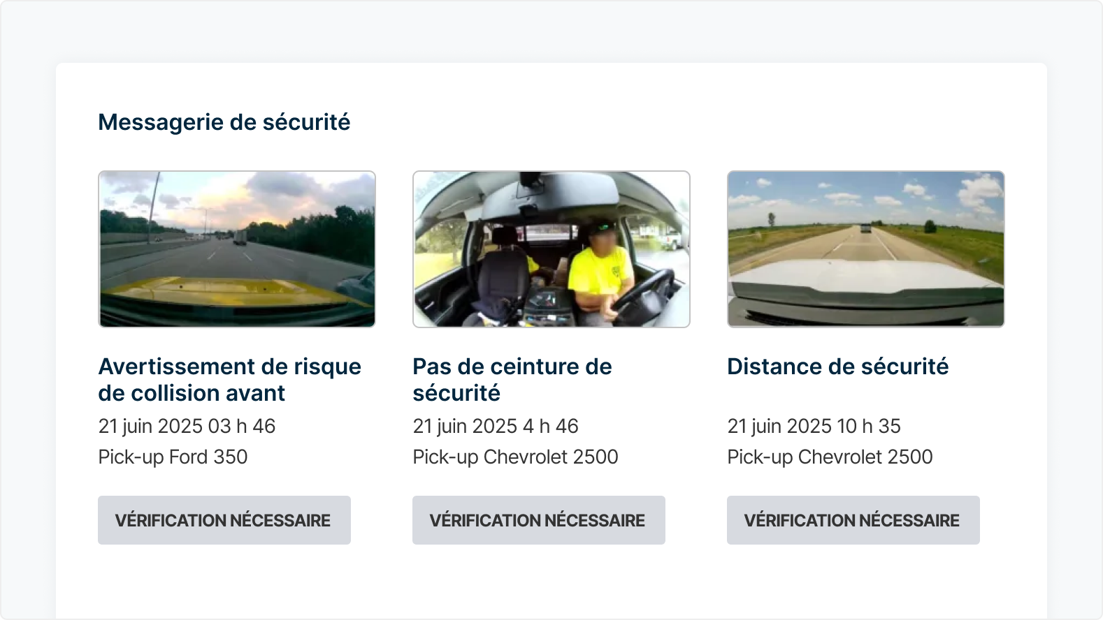 Trois alertes de conduite : risque de collision avant, ceinture de sécurité non attachée, distance de sécurité non respectée.