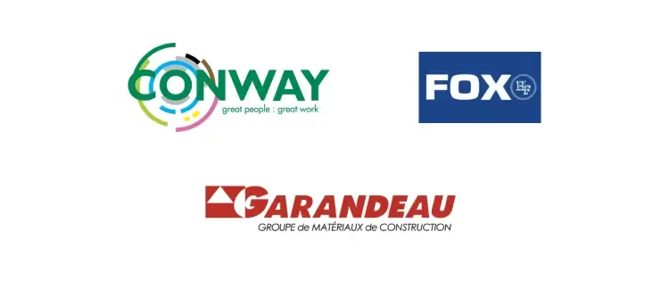 Three company logos displayed side by side: Conway with colourful circular design, FOX in blue, and Garandeau in red.