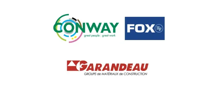 Logos de trois entreprises : Conway avec slogan coloré, Fox en bleu, et Garandeau, groupe de matériaux de construction.