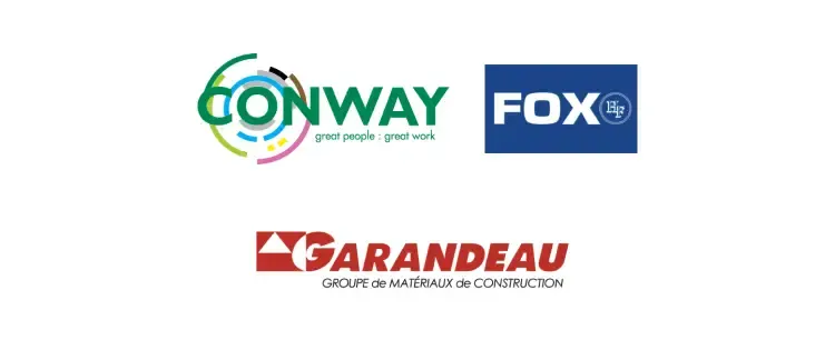 Logo's van drie bedrijven: Conway met kleurrijke cirkels, FOX in een blauw vak, en Garandeau in rood als bouwmaterialengroep.