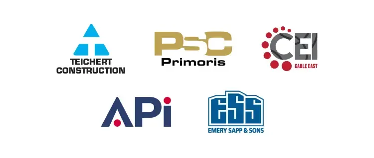 Six company logos displayed in two rows: Teichert, PSC Primoris, CEI, API, and Emery Sapp & Sons.