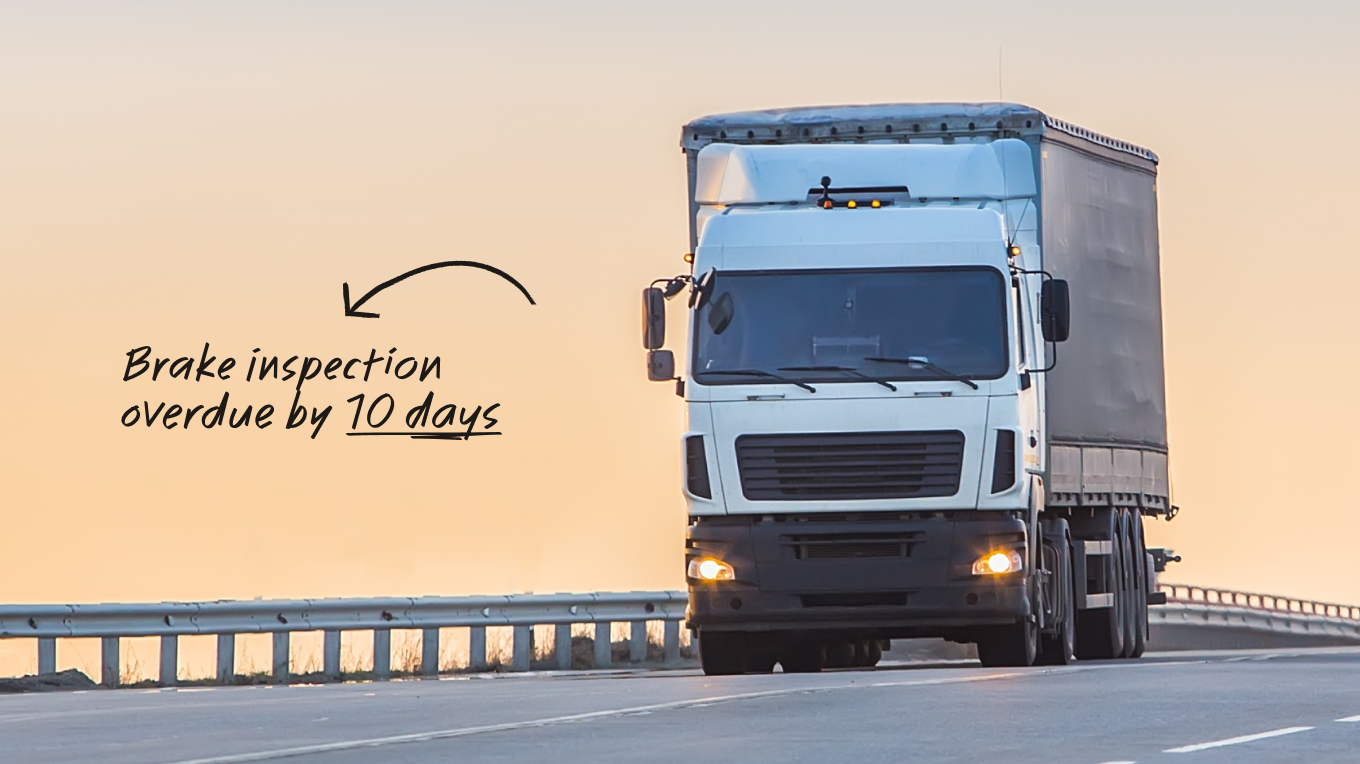 A white lorry on a motorway with text reading "Brake inspection overdue by 10 days" and an arrow pointing to the vehicle.