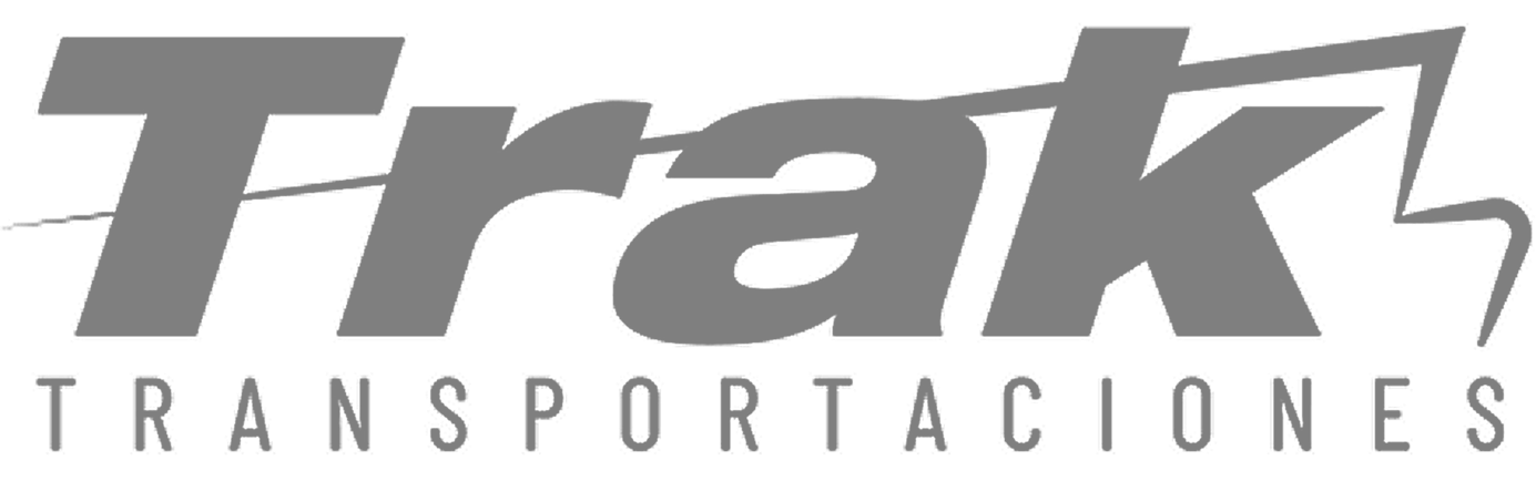 Trak Transportaciones logo in gray, featuring bold italic text with a lightning bolt accent on a white background.