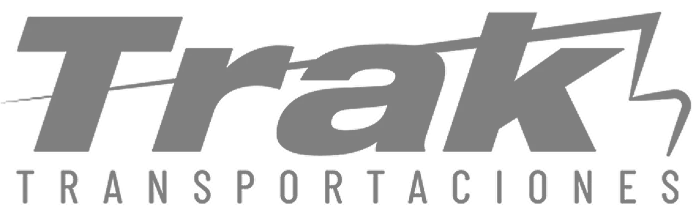 Trak Transportaciones logo in gray, featuring bold italic text with a lightning bolt accent on a white background.
