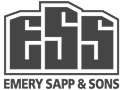 Black and white logo of Emery Sapp & Sons featuring stylized "ESS" letters inside a building silhouette.