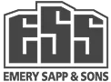 Black and white logo of Emery Sapp & Sons featuring stylized "ESS" letters inside a building silhouette.