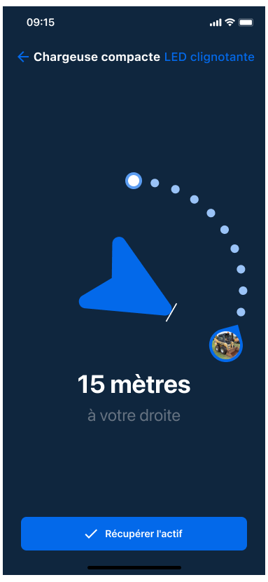 Image de l’interface utilisateur en mode Boussole avec une flèche pointant vers l’actif.