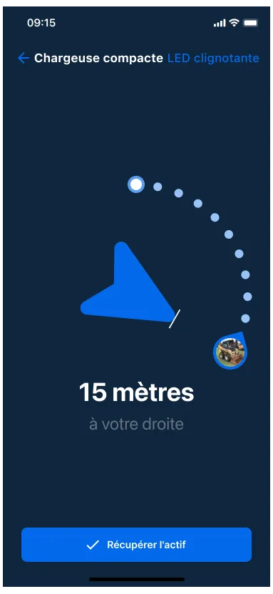 Image de l’interface utilisateur en mode Boussole avec une flèche pointant vers l’actif.