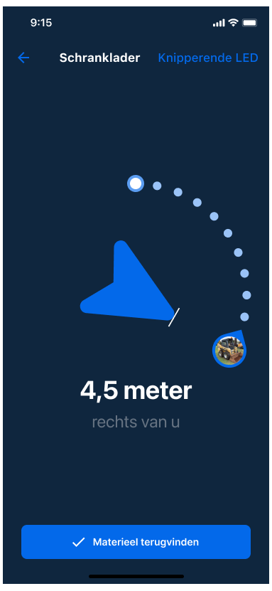 UI-afbeelding van de Kompasmodus met een pijl die naar het materieel wijst.