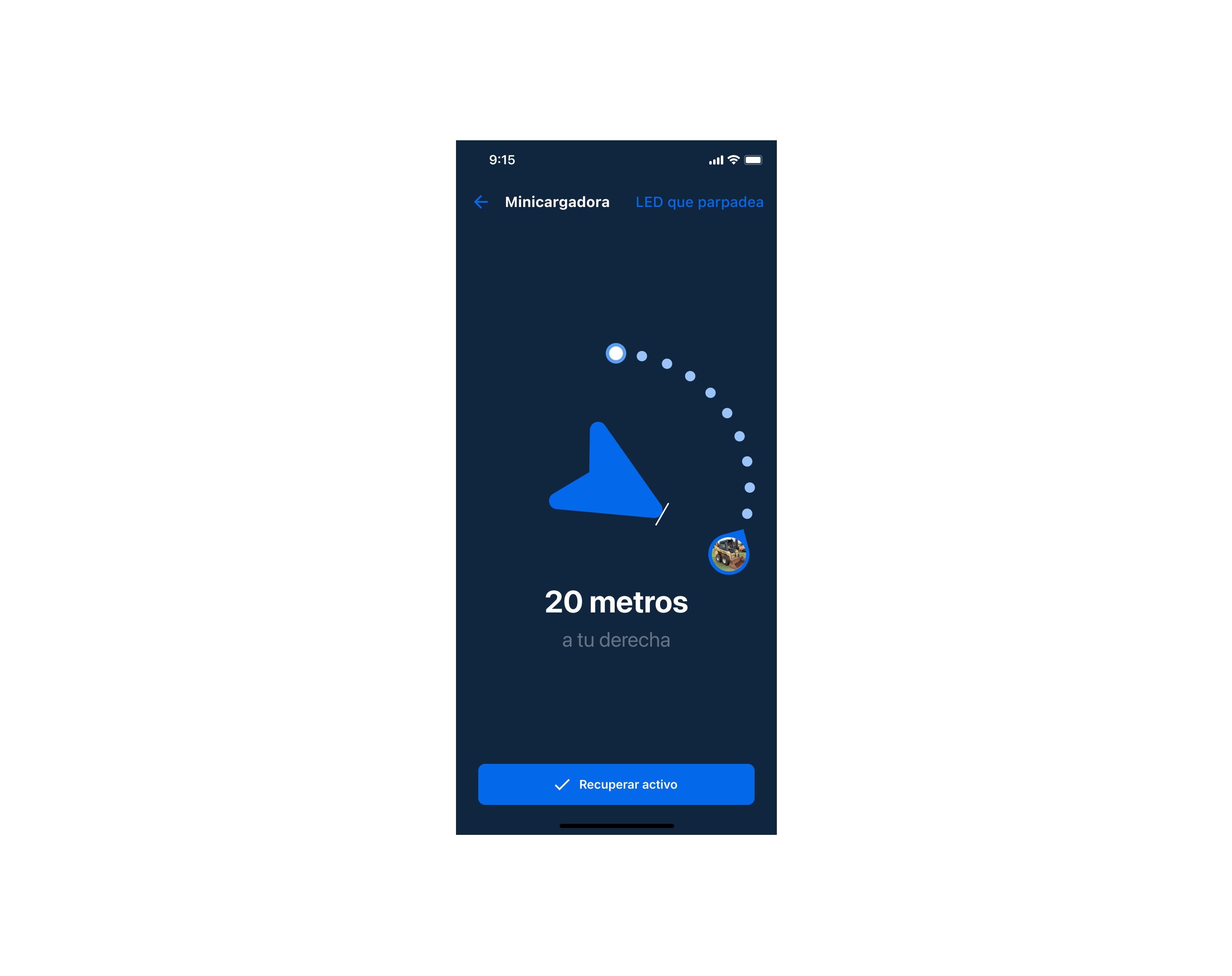 Pantalla de navegación con flecha azul indicando 15 pies a la derecha y botón para recuperar activo.