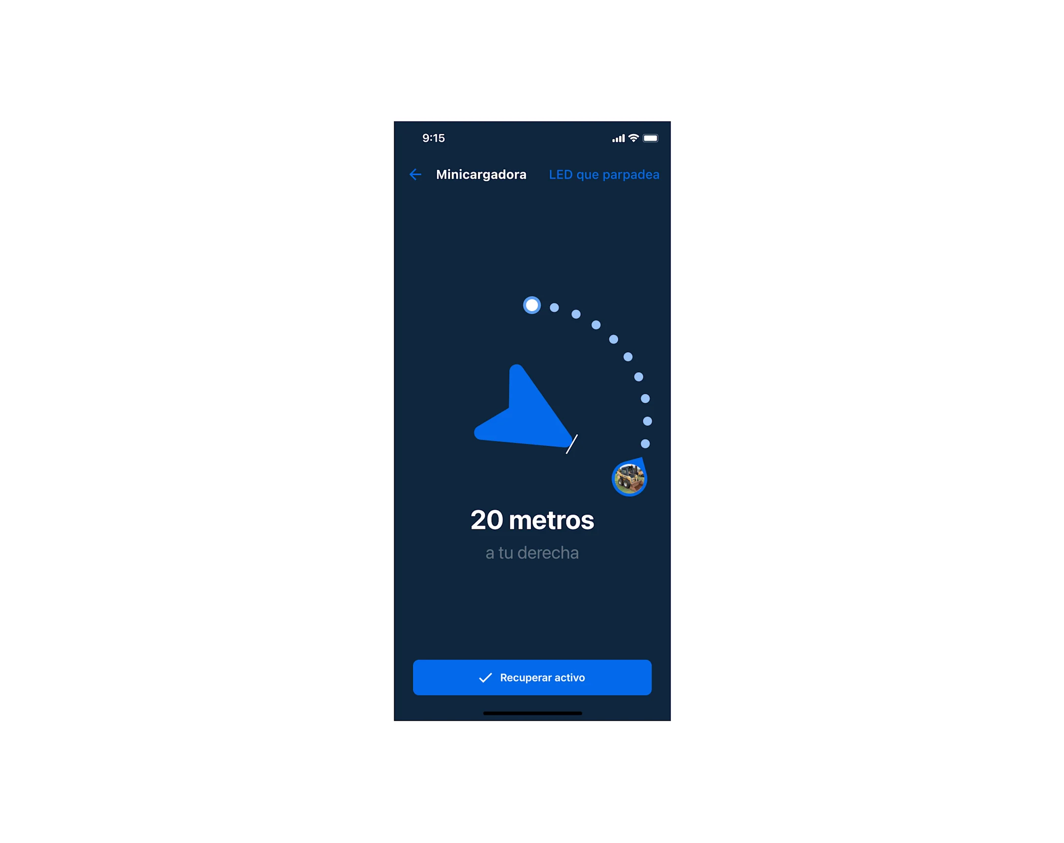 Pantalla de navegación con flecha azul indicando 15 pies a la derecha y botón para recuperar activo.