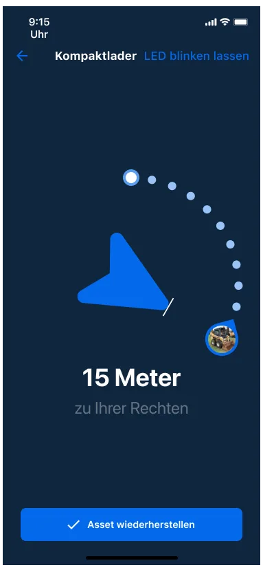 Benutzeroberflächenbild des Kompassmodus mit Pfeil, der auf das Asset zeigt.